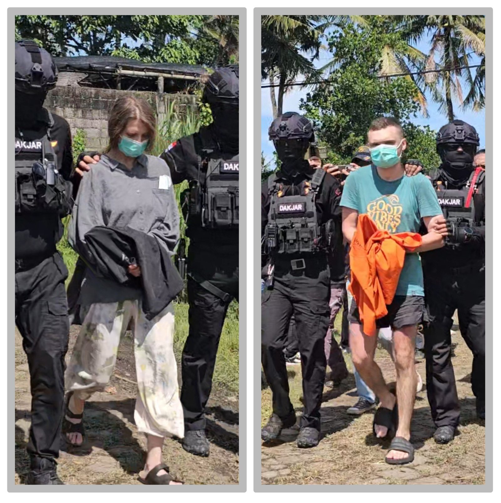 Two suspect Russian, Natalia and Sergey T escort inside drug lab Villa